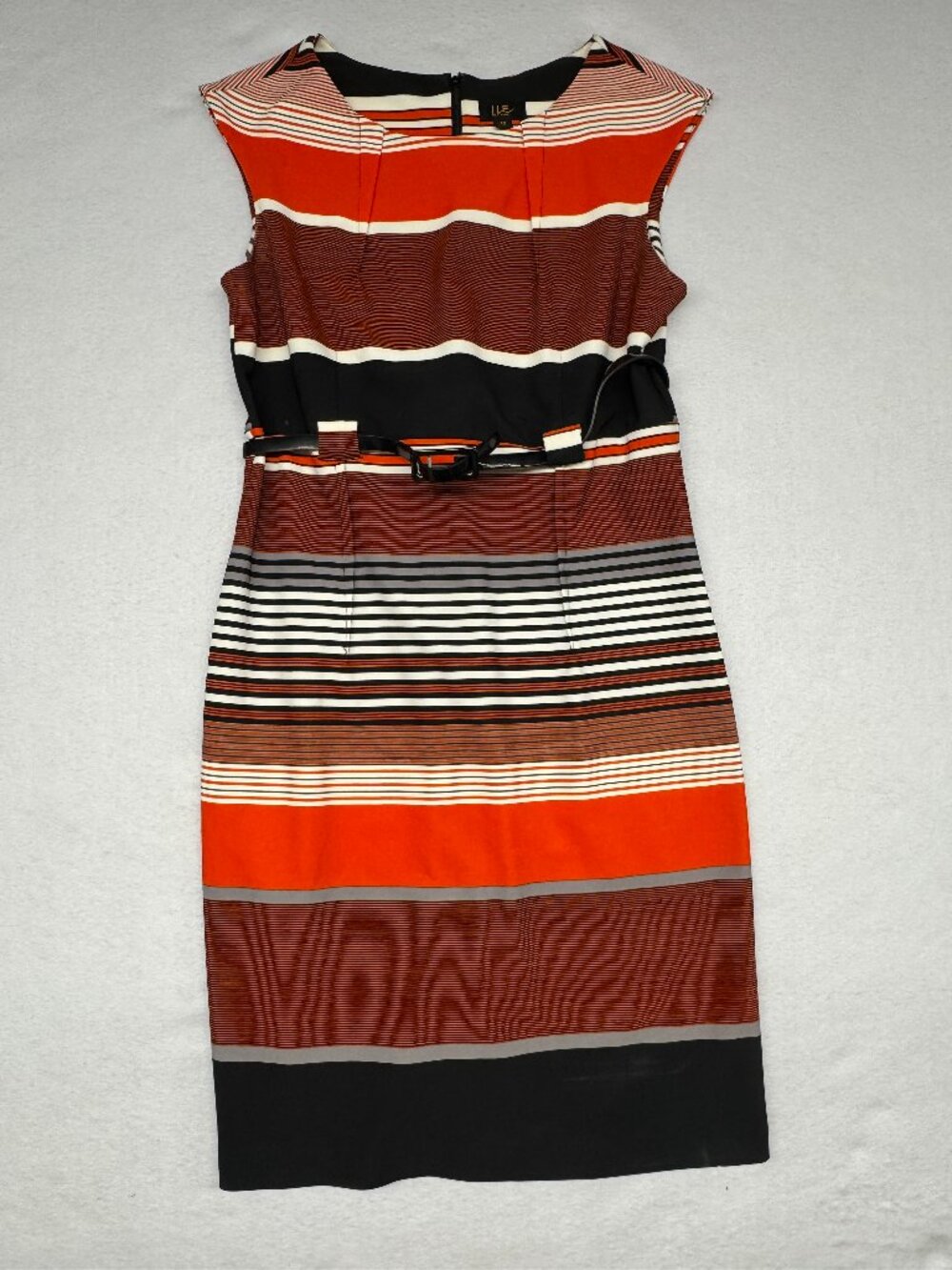 ILE Size 12 Dark Orange & Black Striped Belted Dress